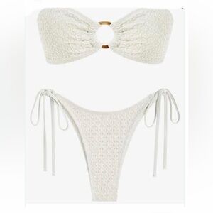 Zaful Womens Cream Crochet Bandeau Bikini with Ring Accent 2Piece Swimsuit Set M